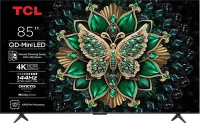A TCL television screen displaying a decorative butterfly and floral pattern.