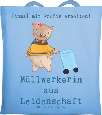 Produktbild von Mr. & Mrs. Panda Tote Bag Müllwerkerin Leidenschaft - Sky Blue - Geschenk, Witzig, Unitasche, Müllfrau, Shopping Tasche, Laptoptasche, Spruch, Schultasche, Lustig