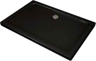A black shower tray with a silver drain cover, shown from a diagonal angle against a white background.