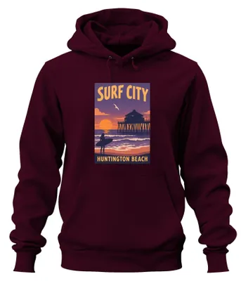 Immagine prodotto di Surf City Huntington Beach, felpa con cappuccio per surfisti, California, USA, colore bordeaux, taglia M