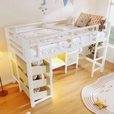 Immagine prodotto di letto a soppalco okwish 90x200 con cassetto portaoggetti, struttura letto per bambini con illuminazione LED e tasche portaoggetti, bianco (senza materasso)