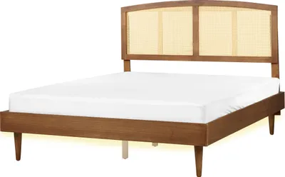 Zdjęcie produktu dla BELIANI Łóżko ze stelażem jasnobrązowy kauczukowe 160 x 200 cm z wezgłowiem oświetleniem LED stelażem listwowym podwójne dwuosobowe