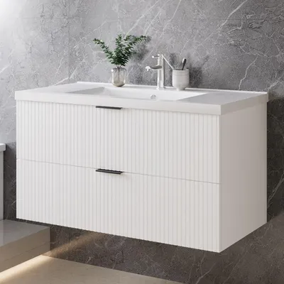 Produktbild von 100cm Badmöbel Set Keramik Waschtisch mit Unterschrank Weiß Matt Badezimmerschrank mit geriffelte Schubladentüren