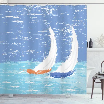 Produktbild von ABAKUHAUS Nautisch Duschvorhang, Grunge Segelboot-Ozean, Set inkl.12 Haken aus Stoff Wasserdicht Bakterie und Schimmel Abweichent, 175 x 180 cm, Hellblau