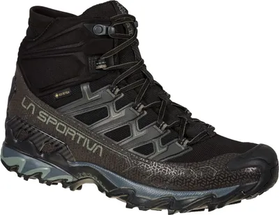 Schwarze Wanderschuhe "Ultra Raptor II Mid Wide GTX" von La Sportiva mit Schnürung und griffiger Sohle.