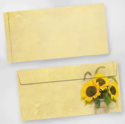 Produktbild von Briefumschläge Sonnenblumen (50 Stück) beidseitig bedruckte DIN lang Umschläge gelb