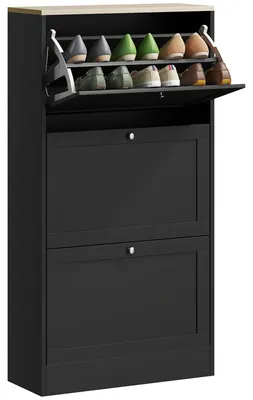 Image de Armoire à chaussures étroite - Étagère à chaussures avec 3 portes - Pour environ 18 paires de chaussures - Étagères réglables - 60 x 23,5 x 115 cm - Noir