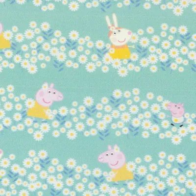 Produktbild von Baumwollstoff Digitaldr. Patchworkstoff Peppa Pig Blumenwiese türkis