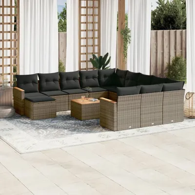 Produktbild von Design 13-tlg. Garten-Sofagarnitur mit Kissen Grau Poly Rattan, Gartenmöbel-Sets 2024 Neu