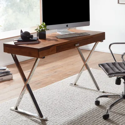 Produktbild von FineBuy Schreibtisch 120x55x78 cm Sheesham Massivholz / Metall Chrom Design Bürotisch mit Schublade HomeOffice Laptoptisch Computertisch mit Stauraum
