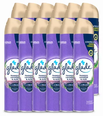 Imagen del producto de 12 aerosoles ambientadores Glade, aroma lavanda y aloe, 300 ml, pack ahorro, 12 unidades