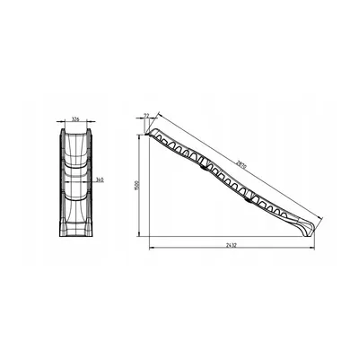 Technical drawing of a blue children's slide with dimensions.