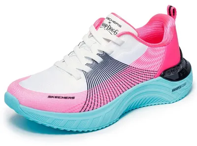 Zdjęcie produktu dla Skechers Damskie buty sportowe Snoop Ace Cyber Walker, białe, czarne i różowe, wykonane z siatki i materiału termoplastycznego, z niebieskimi akcentami, rozmiar 40 EU