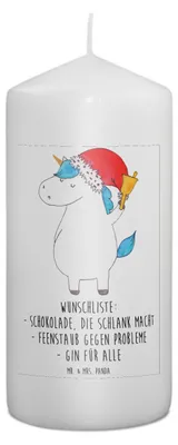 Produktbild von Mr. & Mrs. Panda Kerze Einhorn Weihnachtsmann 15 x 7 cm - Weiß - Geschenk, Wachskerze, Stumpenkerze, Weihnachten, Gin, Erinnerungskerze, Schokolade, Bedruckte, Deko