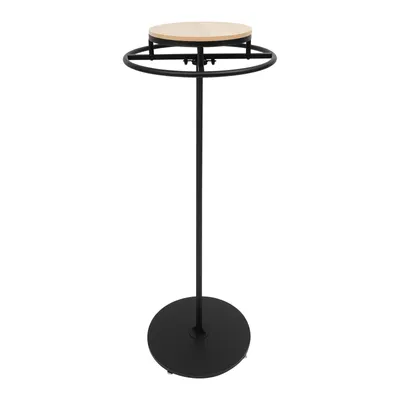 A black metal clothing rack with a round wooden top, displayed on a white background.