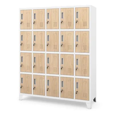 A white metal locker unit with 20 wooden-effect doors, shown against a white background.
