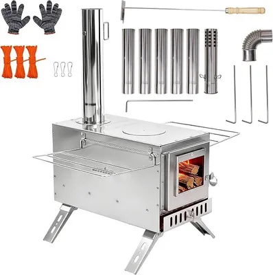 Produktbild von Zeltofen Gartenofen Tragbarer Holzofen, Campingherde Edelstahl Holzkocher mit 7 Rohren und Rohrbogen, Ideal für Camping im Zelt, Outdoor-Kochen und Gartenaktivitäten, 32,5 x 33,5 x 210 cm