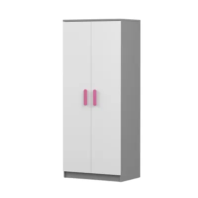 Produktbild von Drehtürenschrank JONAS 06 – Kinderschrank 80 cm Grau/Weiß mit rosa Griffen.