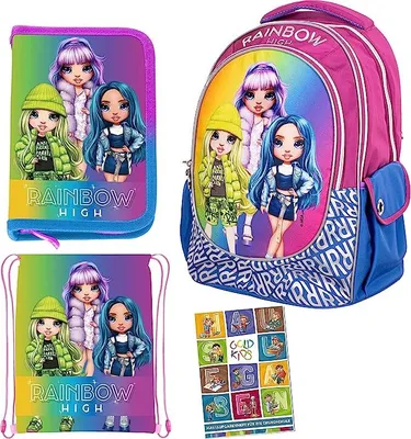 Produktbild von 4er Set Schulranzen Ranzen Federmappe Turnbeutel Aufgabenheft Rainbow High Motiv geeignet ab der ersten Klasse der Grundschule