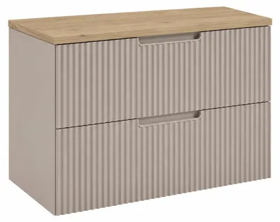 Zdjęcie produktu dla Szafka łazienkowa wisząca, 80 cm, z szufladami, korpus w kolorze kaszmiru, blat w jasnym dębie, z uchwytami, wymiary: 80 x 46 x 58,6 cm, Obraz wygenerowany przez AI
