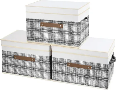 Image de Boîte de rangement pliable avec couvercle, tissu, design patchwork, boîtes de rangement, 3 pièces, gris 38x25x25 cm