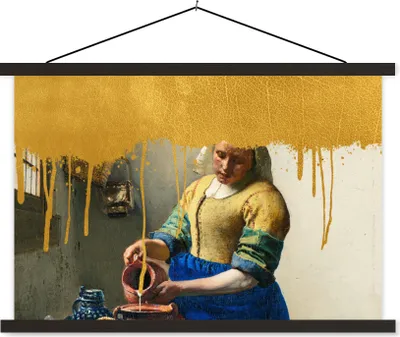 Produktbild von MuchoWow® Textilposter Milchmädchen - Gold - Vermeer 60x40 cm mit schwarzem Rahmen - Hölzernes