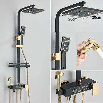 Obrázek produktu pro Sada sprchové baterie a sprchy do vany - systém se 4 výstupy - sprchová hlavice o průměru 25 cm - nerezová ocel 304 - jednopáková baterie pro teplou a studenou vodu - černá a zlatá barva