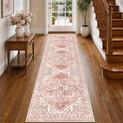 Immagine prodotto di Tappeto vintage rosa, stile orientale, 80x300 cm, lavabile