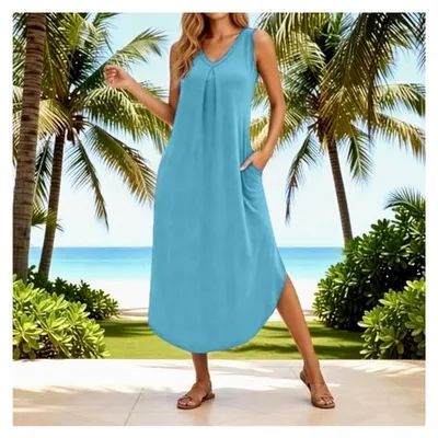 Produktbild von Maxikleid für Damen, lang, ärmellos, mit Schlitz, Strandkleid mit Taschen, knielang, A-Linie, V-Ausschnitt, einfarbig, luftiges Freizeitkleid, Wickelkleid, Swingkleid