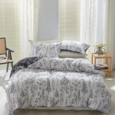 Obrázek produktu pro Bavlněná sada povlečení Famanu, rozměr 220 x 240 cm – oboustranný design s květinovým vzorem v bílé a černé barvě