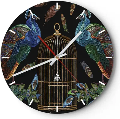 Produktbild von Wanduhr - Rund - Glasuhr - Pfauen Gold Käfig - 30x30cm - Schleichendes Uhrwerk - Lautlos - zum Aufhängen bereit - Dekoration Modern - Wanddekoration aus Glas - C3AR30x30-4390