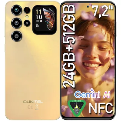 Produktbild von OUKITEL C68 Plus Android 15 Smartphone 24GB+512GB/1TB erweiterbar, 64MP 6000mAh 7,2"-Display & 1,81"-Subscreen 4G Dual SIM Handy NFC/Wi-Fi, Gold