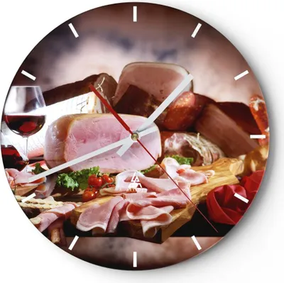 Produktbild von Wanduhr - Rund - Glasuhr - Essen Essen Wurst Kräuter - 30x30cm - Schleichendes Uhrwerk - Lautlos - zum Aufhängen bereit - Dekoration Modern - Wanddekoration aus Glas - C3AR30x30-2568