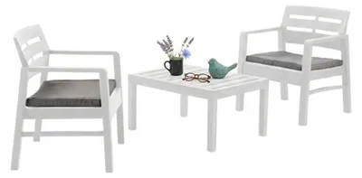 Produktbild von Outdoor-Lounge-Set Dalfier, Gartengarnitur mit 2 Sesseln und 1 Couchtisch, Innen- und Außensitzgruppe mit Kissen, 100 % Italy, Weiß