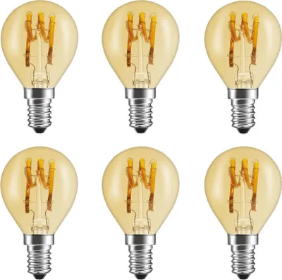 Image de 6 ampoules LED à filament spiralé, forme goutte, 3 W, E14, dorées, extra blanc chaud 1800 K, DIMMABLES