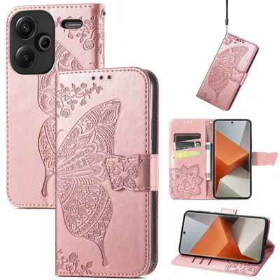 Produktbild von Für Xiaomi Redmi Note 13 Pro Plus Kunstleder Wallet Handy Tasche Schmetterling Design Schutz Hülle Rosa