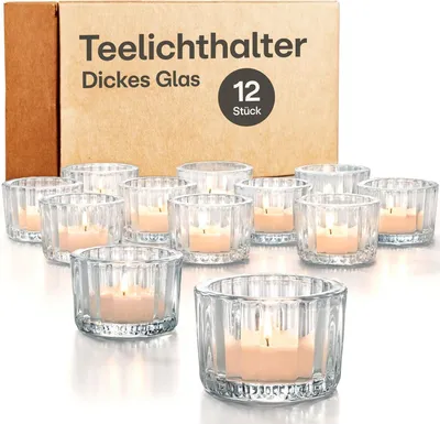 Produktbild von 12 Teelichthalter, Glaskerzenhalter, Gold, Durchmesser 5,5 cm, elegante Teelichthalter aus Glas als Tischdekoration für Hochzeiten oder Geburtstagsfeiern