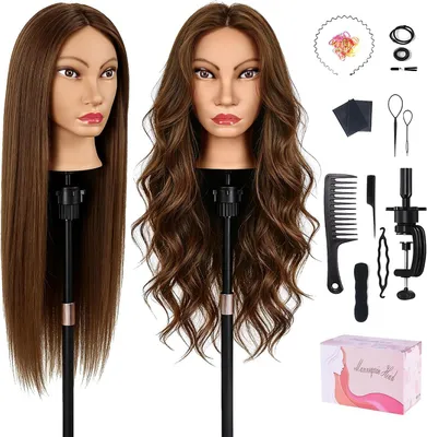 Productafbeelding van Oefenhoofd Haar - Poppenhoofd Kapper - Haar Stylen - Echt Mensenhaar - 45 cm - Honingbruin