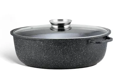 A black speckled pot with a glass lid and silver handles is shown against a white background.