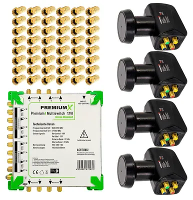 Produktbild von PremiumX Green Diamond Multischalter Set 17/8 Multiswitch 4x Quattro LNB 48x F-Stecker