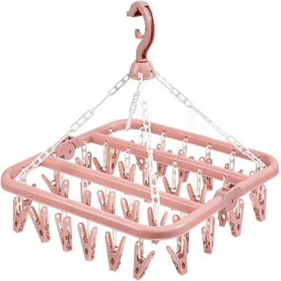 Imagen del producto de Perchero plegable de plástico para calcetines, con ruedas, de 32 pinzas, color rosa, para uso en interiores y exteriores
