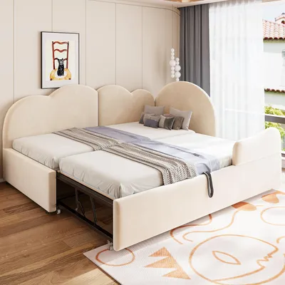 Produktbild von Merax Polsterbett Schlafsofa 90x200 cm L-Form mit Ausziehbett 180x200 cm, Kinderbett mit Wolken Kopfteil, Gästebett aus Samt mit Lattenrost, Beige