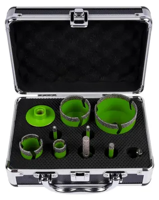 Obrázek produktu pro Sada diamantových vrtacích korunek – vrtáky Kronenbohrer o průměru 6–68 mm – pro dlaždice, keramiku, sklo – včetně vrtáků o průměru 10 a 50 mm – včetně adaptéru
