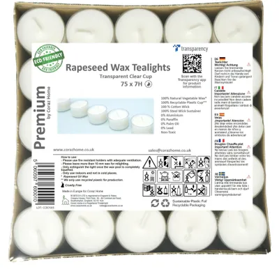 Zdjęcie produktu dla Świeczki typu tealight wosk rzepakowy 75 sztuk, przezroczyste kubki, 7 godzin palenia, bezzapachowe na imprezę