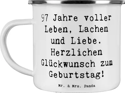 Produktbild von Mr. & Mrs. Panda Emaille Tasse Spruch 97. Geburtstag - Weiß - Geschenk, Pott, Liebe, becher, Teetasse, Handarbeit, Kaffeepott, Geburtstagsgeschenk, unvergessliche Momente