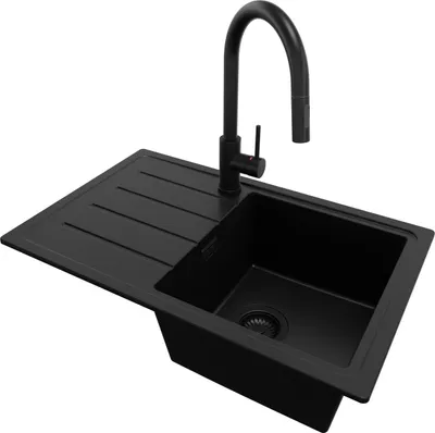 Produktbild von PRIMAGRAN Granitspüle Alles Schwarz 70x44cm, Spülbecken 1 Becken + Küchenarmatur 40x20cm + Ablauf-Set, Küchenspüle ab 45er Unterschrank - Kopenhagen Easy