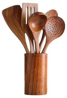 Imagen del producto de Juego de utensilios de cocina, con mangos ergonómicos, 100% madera de teca, madera natural