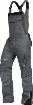 A pair of gray work overalls with black accents, shown against a white background.