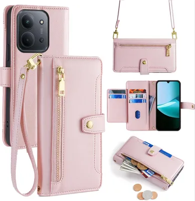 Produktbild von Handykette für Xiaomi Redmi 15C Hülle mit Band Handyhülle Kartenfächer Kunstleder Umhängetasche Rosa