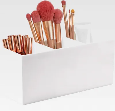 Produktbild von Make-up-Pinselhalter, Kosmetik Pinselhalter mit 3 Fächern, Acryl Schminkaufbewahrung Kosmetikpinsel Behälter Make Up Pinsel Organizer für Pinsel Eyeliner Lippenstift Bürsten